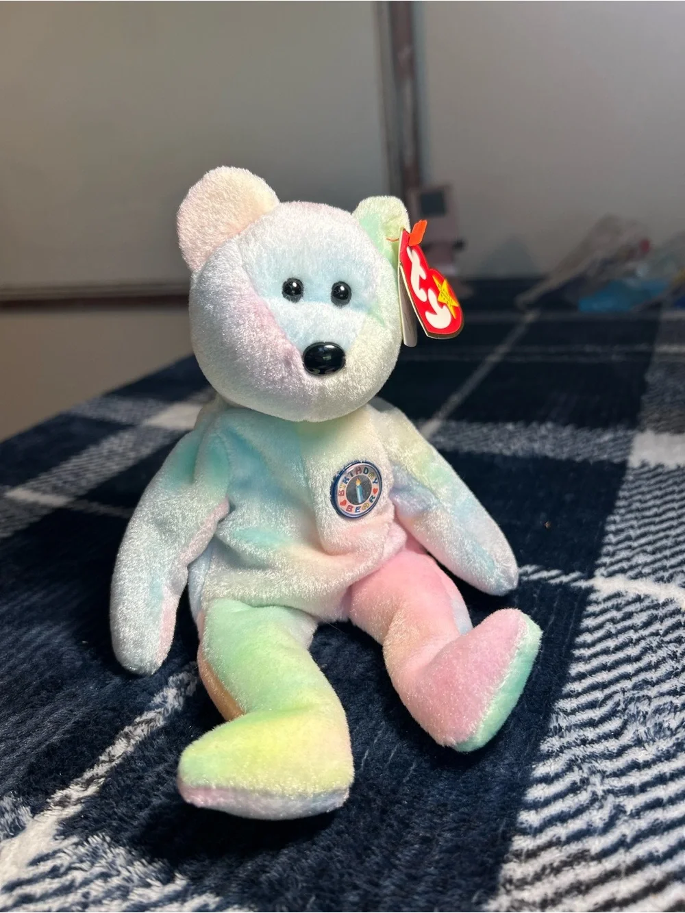 Ty Pastel Multicolor Beanie Baby Bear ‘B.B. Bear’ Plush with Embroidered Badge
